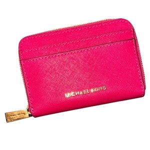 •MICHAEL KORS•LIKE NEW HOT PINK JET SET ZIP AROUND CARD CASE COIN POUCH WALLET